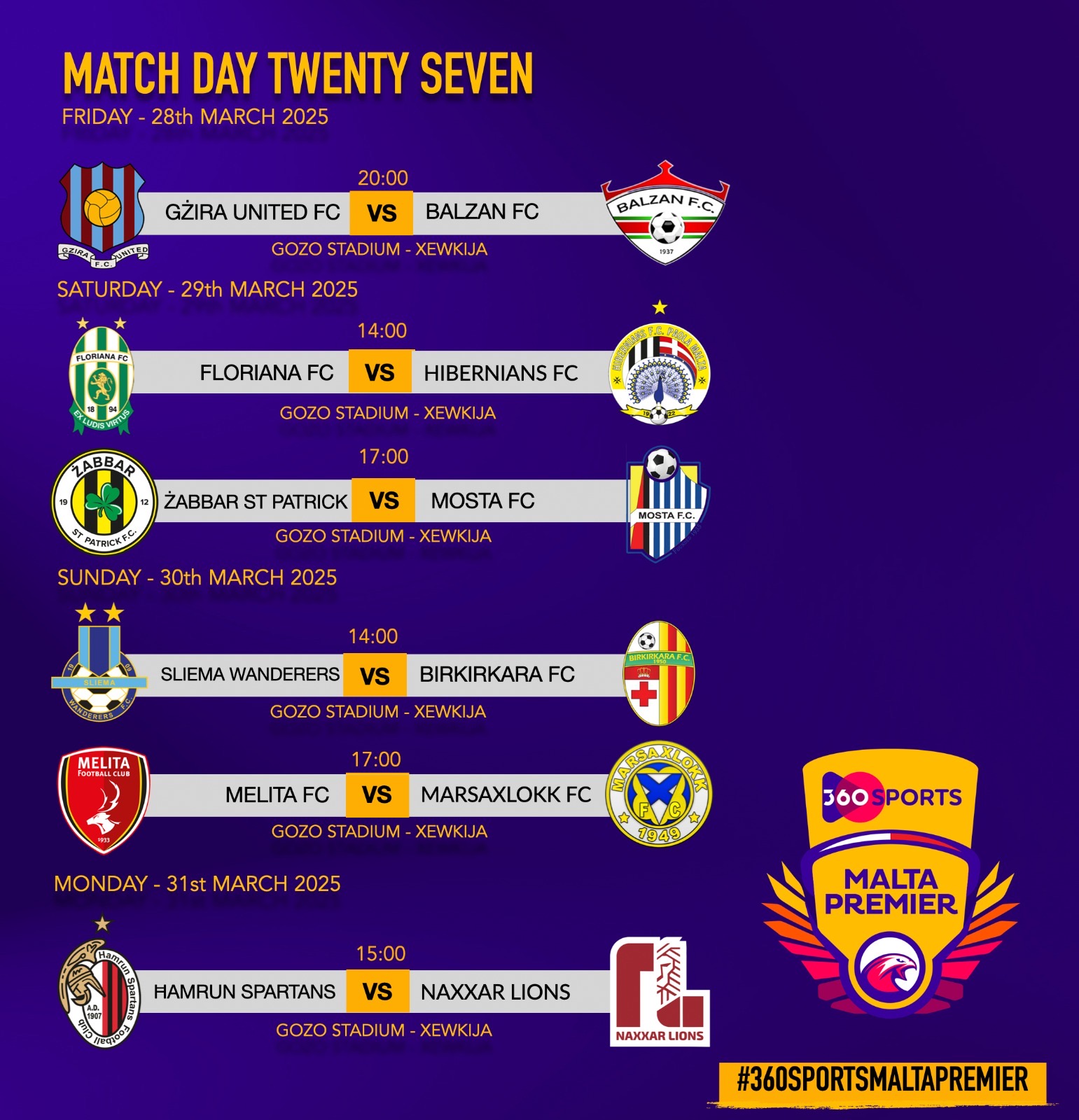 Malta Premier Match Week fixtures announced