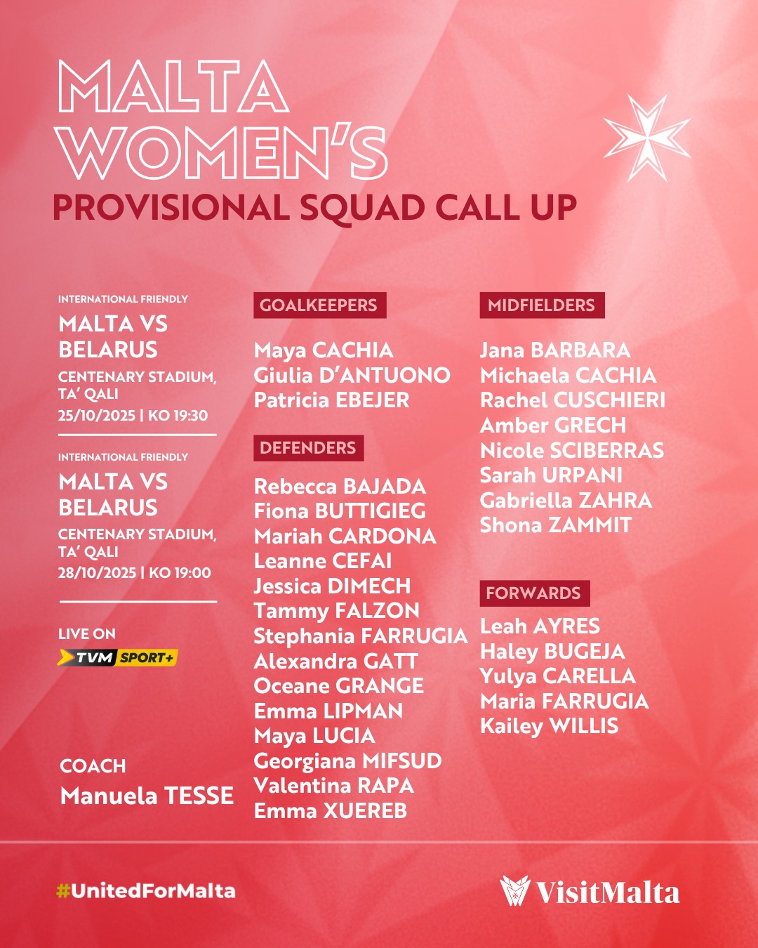 Malta Women’s National Team: Provisional squad announced ahead of Belarus friendlies