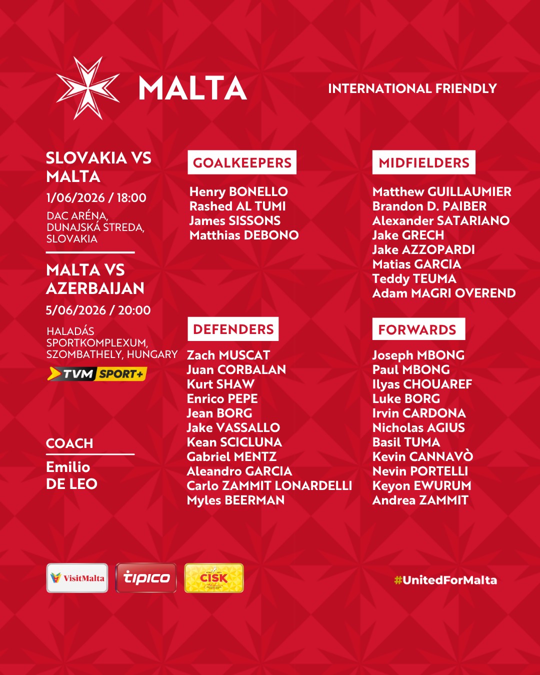 De Leo names provisional Malta squad for Slovakia and Azerbaijan friendlies
