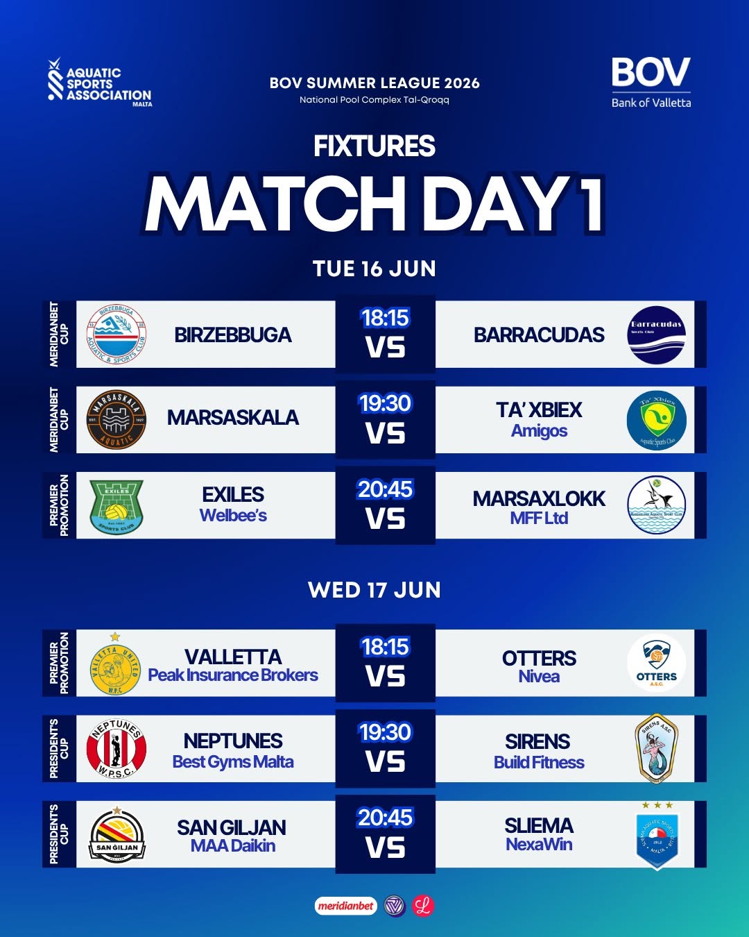 Action Begins: BOV Water Polo Summer League 2026 Match Day 1 fixtures announced